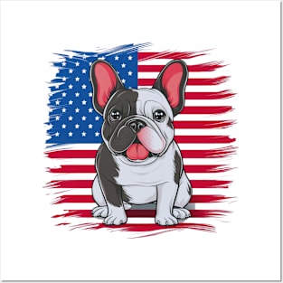 A cartoon French bulldog with American flag(2) Posters and Art